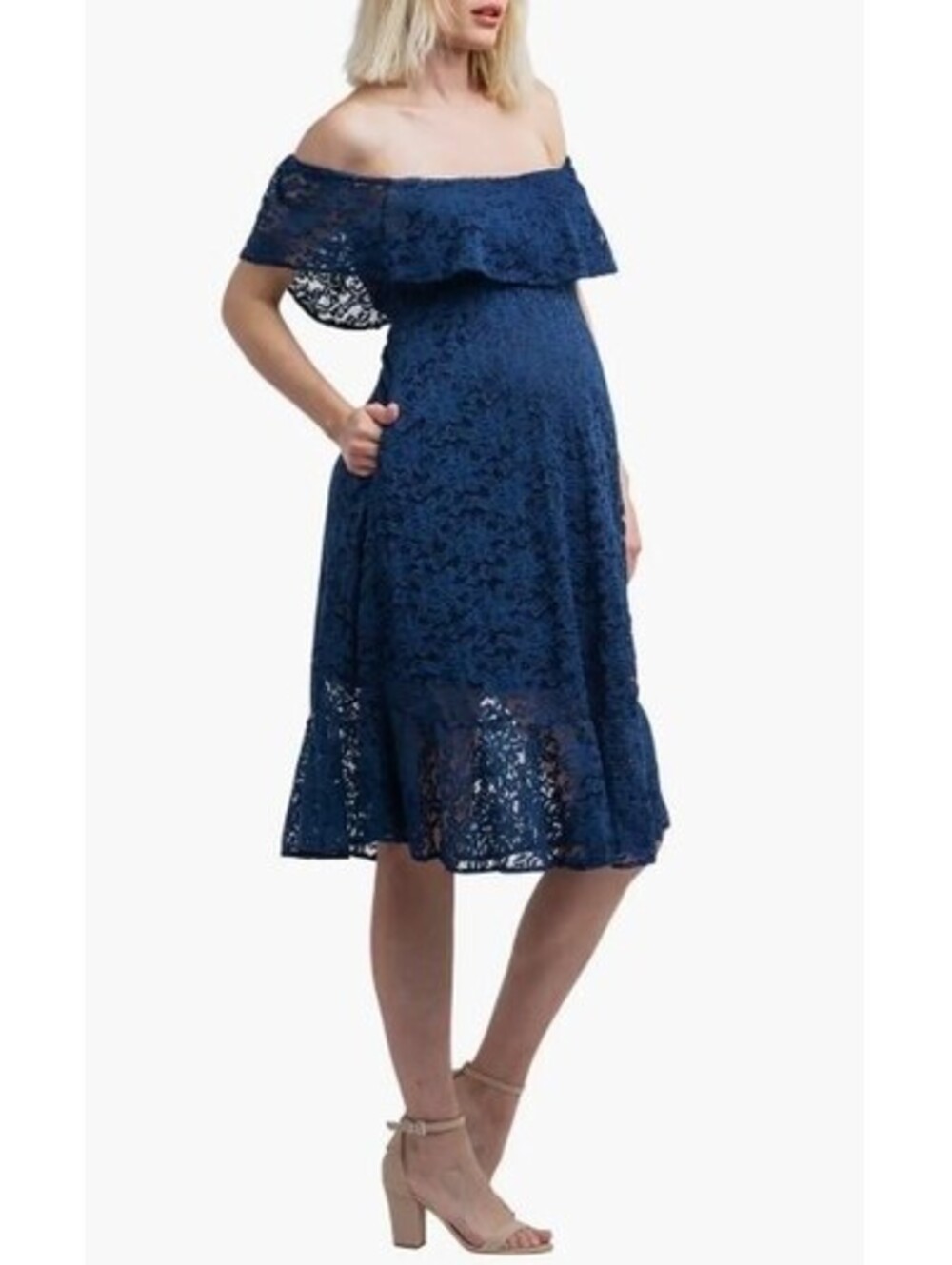 NOM Maternity Lucia Off The Shoulder Navy Lace Dress Knee Length Size M (6-8)
